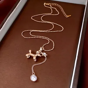 Balloon Dog Pendant Necklace 14K Gold Plated Copper Cubic Zirconia Star Charm Adjustable Long Sweater Chain For Women