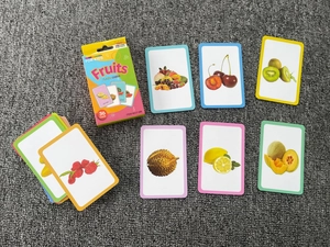 Detail of 36 fruit educational flash cards showing durian and melon for kids learning