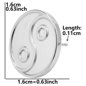 Detailed view of 1.6cm 304 stainless steel earring with Yin Yang pattern and size markers