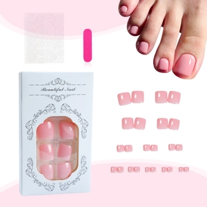Pink press-on toe nail set with glue and file tools for summer nail art fashion