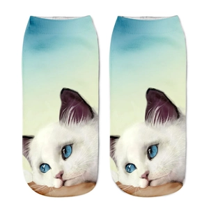 Detail of 3D realistic white cat print on breathable low cut ankle socks for men and women