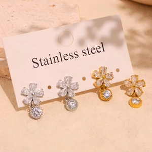 Boucles d'oreilles fleurs en zircon 5A et acier inoxydable plaqué or 18 carats