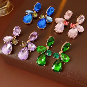 Vintage Teardrop Dangle Earrings Geometric Rhinestone Luxury Alloy Jewelry With Silver Earring Post For Women