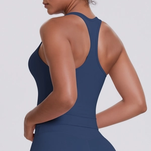 Close-up of racerback design on high-elastic navy blue sports top for yoga and fitness