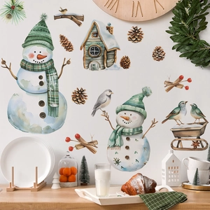 Christmas Wall Stickers Snowman Pine Cones Winter Cabin Watercolor PVC Decals For Bedroom Living Room Home Decoration