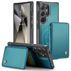 Macro view of cyan leather S23 Ultra case showing magnetic card holder and stand feature