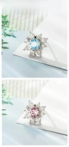 Detail view of s925 silver flower earrings featuring blue and pink zircon crystals