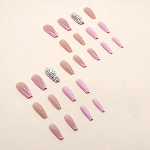 French style press-on nails with pink V-shape design and full diamond glitter accents