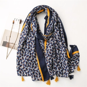 Women Retro Floral Print Long Scarf Cotton Linen Feel Tassel Shawl Wrap Artistic Pattern Soft Lightweight Sunshade Fashion