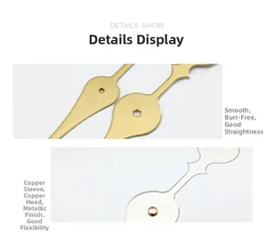 Macro view of metallic clock hands with smooth finish and high-quality copper sleeve details