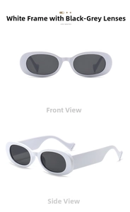 Detailed front and side views of vintage oval white frame sunglasses with black lenses