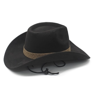 Detail of black suede western hat featuring a brown textured band and adjustable chin strap