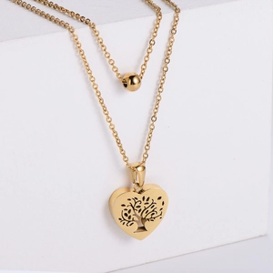 Double-layered gold titanium steel necklace with bead and hollow heart tree of life pendant