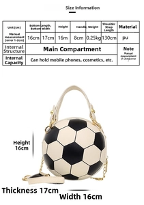 Size information and dimensions chart for basketball-shaped PU leather crossbody bag