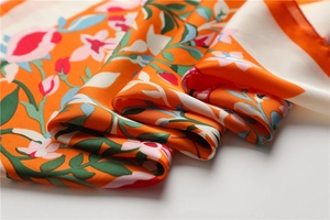 Detailopname van oranje zijden sjaal met bloemenpatroon en glanzende satijnen textuur