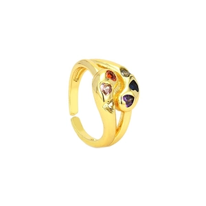 Golden open ring with interwoven bands and multi-colored heart-shaped gemstones