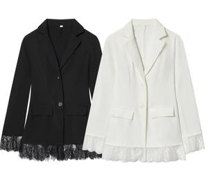 Flat lay detail of black and white women's lace patchwork blazers showing M size labels
