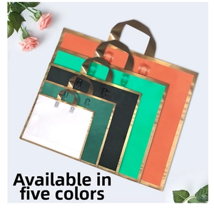 Detail showing high-end frosted shopping bags with gold trim in five vibrant colors