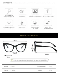 Detailed size chart of cat-eye anti-blue light glasses showing lens and frame dimensions