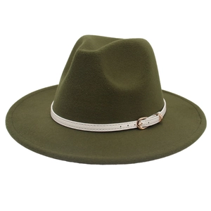 Detail of olive green wool fedora hat featuring a stylish white leather band with buckle
