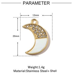 Détail du pendentif lune en acier inoxydable doré avec nacre blanche et dimensions indiquées