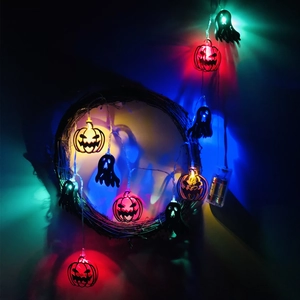 Close-up of LED Halloween string lights with pumpkins and ghosts on a rattan wreath