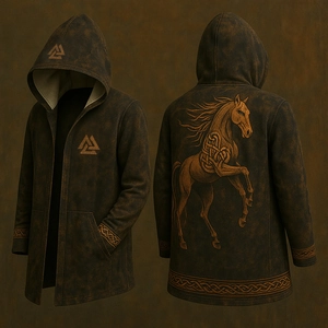 Detail of Viking hoodie featuring intricate Valknut symbols and Nordic horse graphics