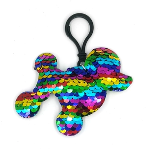 Close-up of rainbow sequin keychain in mouse shape with a durable black plastic hook