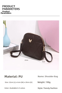 Detailed view of dark brown quilted shell bag with golden logo and size dimensions