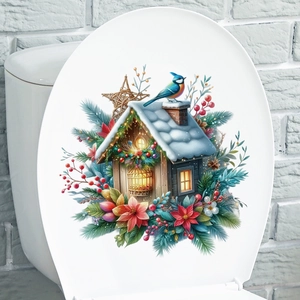 Christmas snowy cabin and bird decals on white toilet lid for festive bathroom decor