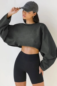 Cropped long sleeve crewneck sweatshirt in charcoal grey with dropped shoulders
