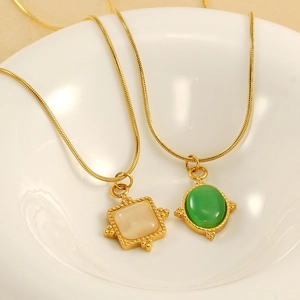 French style gold snake chain necklaces with square white and oval green natural stones
