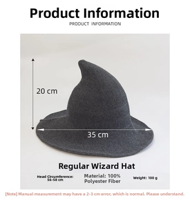 Detailed size chart for knitted wizard hat showing 20cm height and 35cm width dimensions