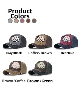 Detailed grid showing five colors of washed vintage baseball caps with frayed brims