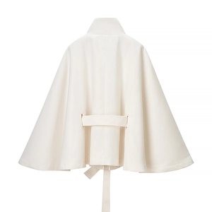 Back view of cream waist-tie short wool coat with stand collar and flared cape cut
