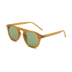 Flat top amber tortoise sunglasses with dark green lenses and metal rivets