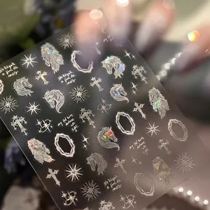Holographic Silver Laser Nail Art Stickers Gothic White Horse Cross Star Design DIY Manicure Decoration For Women M-1367