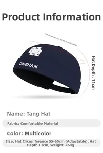 Detail view of navy cotton docker cap with HH embroidery and adjustable size specs