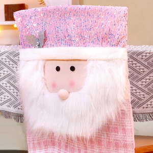 Pink sequin Santa Claus chair cover with plush white faux fur and plaid fabric trim