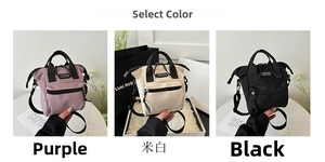Détails des mini sacs en nylon en violet, beige et noir avec bandoulière réglable
