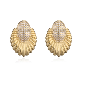 Detailed view of fan-shaped earrings with micro-set zircons in 18k gold plating