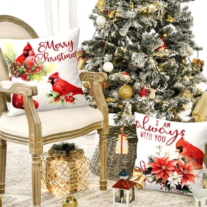 Set of 2 vintage Cardinal and floral Christmas pillow covers for festive home decor