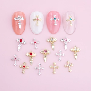 Gothic Alloy Cross Nail Art Charms Zirconia Sword Wing DIY Manicure Decorations 3D Metal Nail Studs For Women Gold Silver