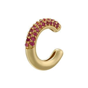 Macro detail of 18K gold-plated C-shaped ear cuff with pink micro-pave crystals