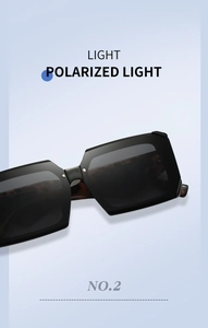 Close-up of polarized large square sunglasses with smooth black finish and sunset shadow