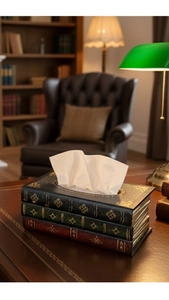 Detail der vintage Taschentuchbox in Buchform mit goldgeprägten Mustern auf Tisch
