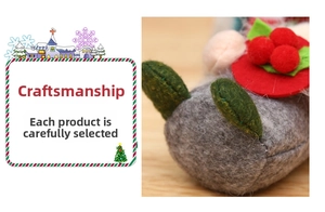 Detail of handmade Christmas gnome with grey felt texture and red berry accents