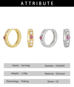 Detail view of 925 sterling silver earrings with cubic zirconia and specifications table