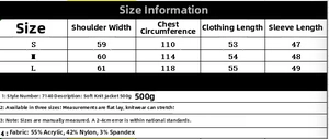 Tabella taglie dettagliata per cardigan in maglia con misure S-L e composizione tessuto
