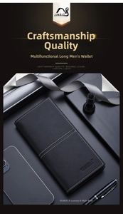 Detail of slim black leather wallet with contrast stitching and embossed logo